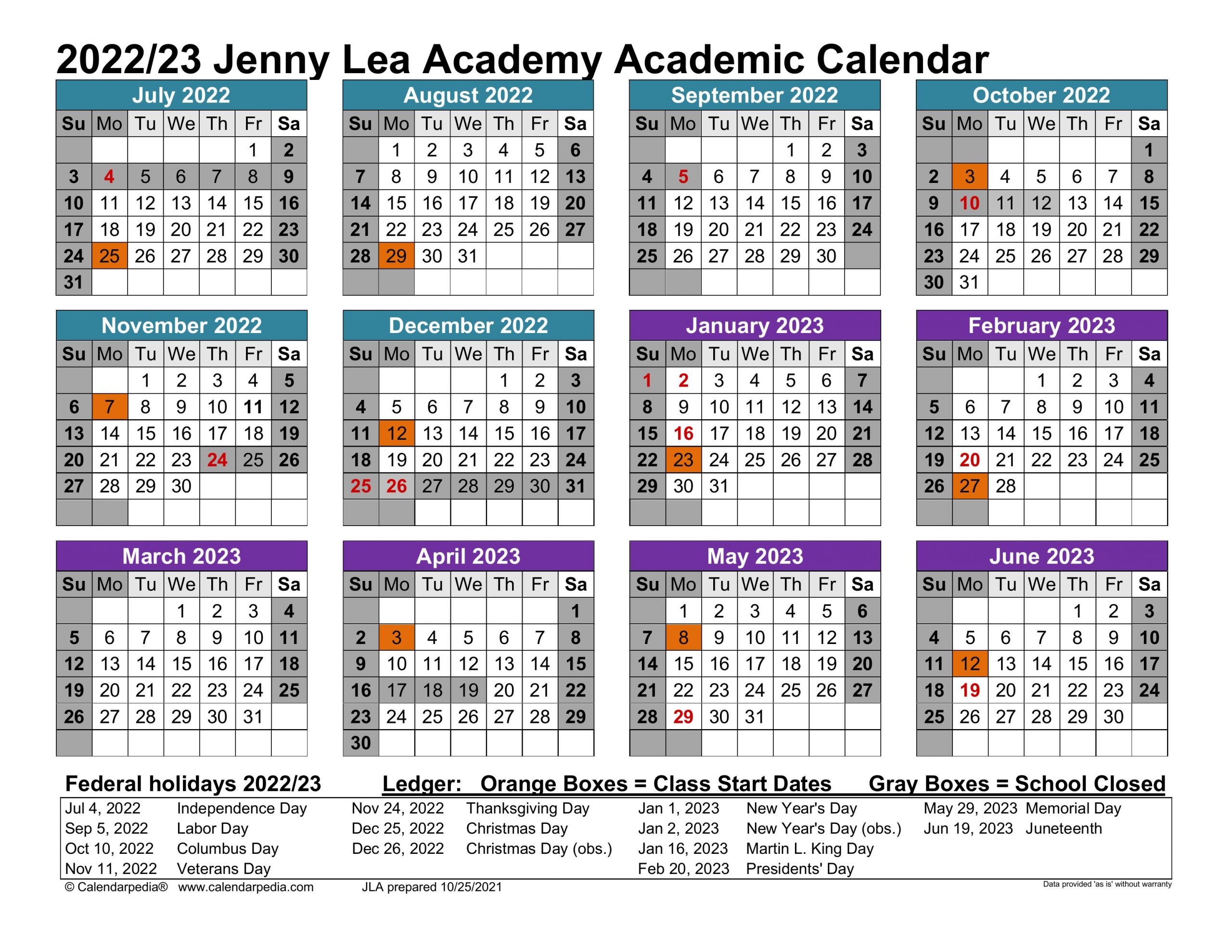 Jenny Lea Academy Calendar for 2022-2023